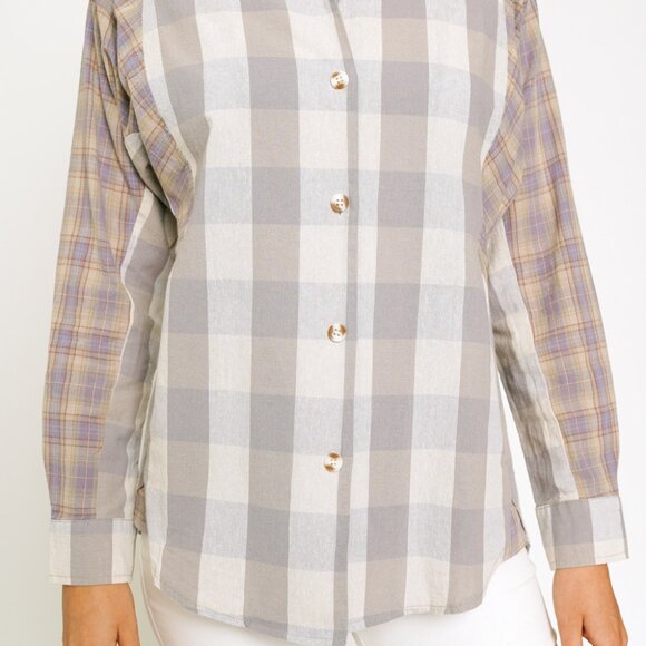 MYSTREE Plaid Button Down Shirt Neutral Beige Gray Oversized Casual Top - Picture 6 of 6